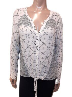 LUCKY BRAND Boho Tie Front Henley Blouse Patterned Buttoned Flowy Rayon
